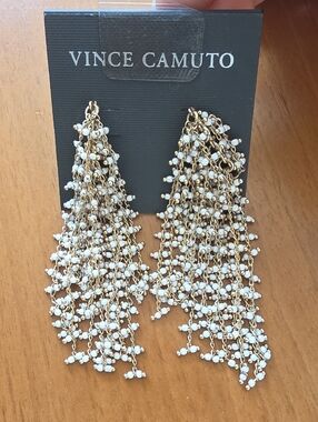 Vince Camuto Gold Cascade Earrings with White Bead Fringe